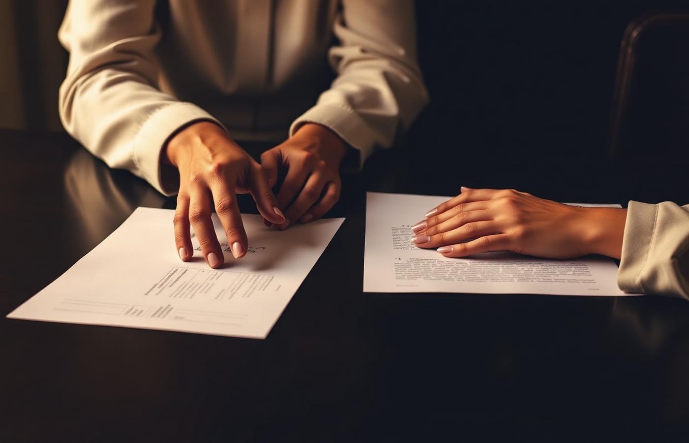 Mãos sobre documentos em uma mesa escura, em clima de conversa