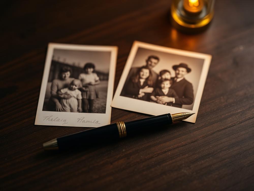 Fotografias antigas de família ao lado de uma caneta